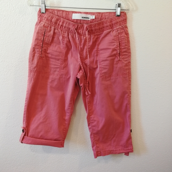 SOLD Sonoma Coral Drawstring Waist Roll Tab Legs Capri Pants Size 4 - Picture 2 of 12